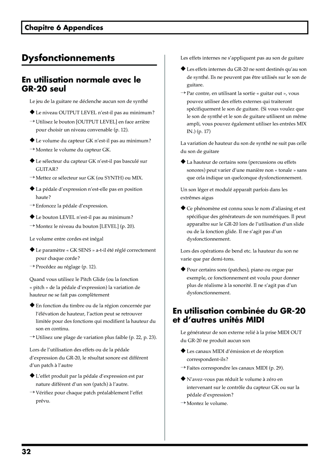 Roland manual Dysfonctionnements, En utilisation normale avec le GR-20 seul 