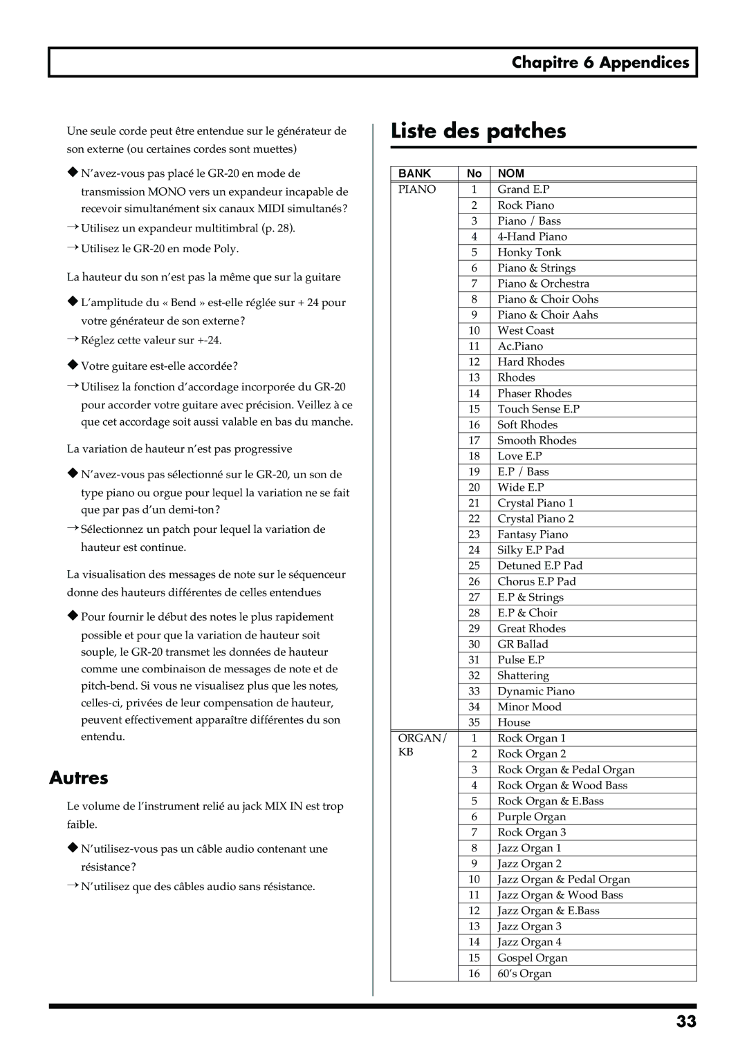 Roland GR-20 manual Liste des patches, Autres 
