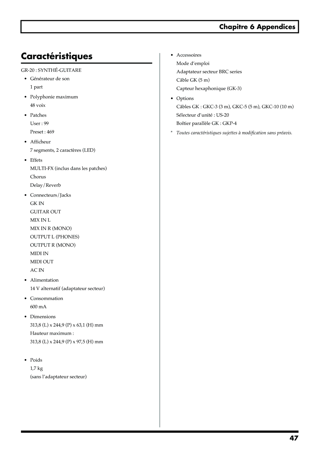 Roland manual Caractéristiques, GR-20 SYNTHÉ-GUITARE 