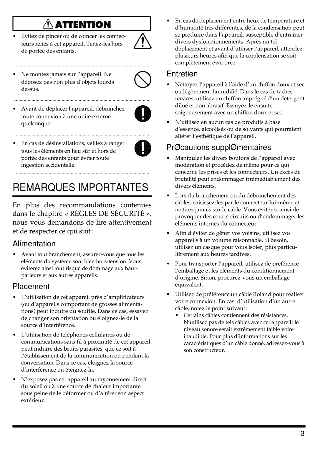 Roland GR-20 manual Remarques Importantes 