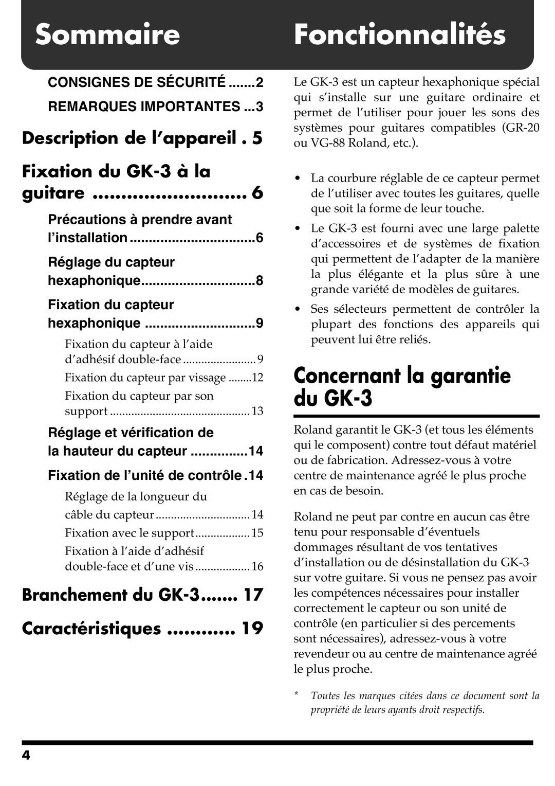 Roland GR-20 manual Sommaire Fonctionnalités 