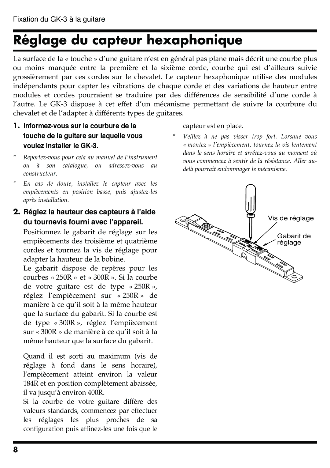 Roland GR-20 manual Réglage du capteur hexaphonique 