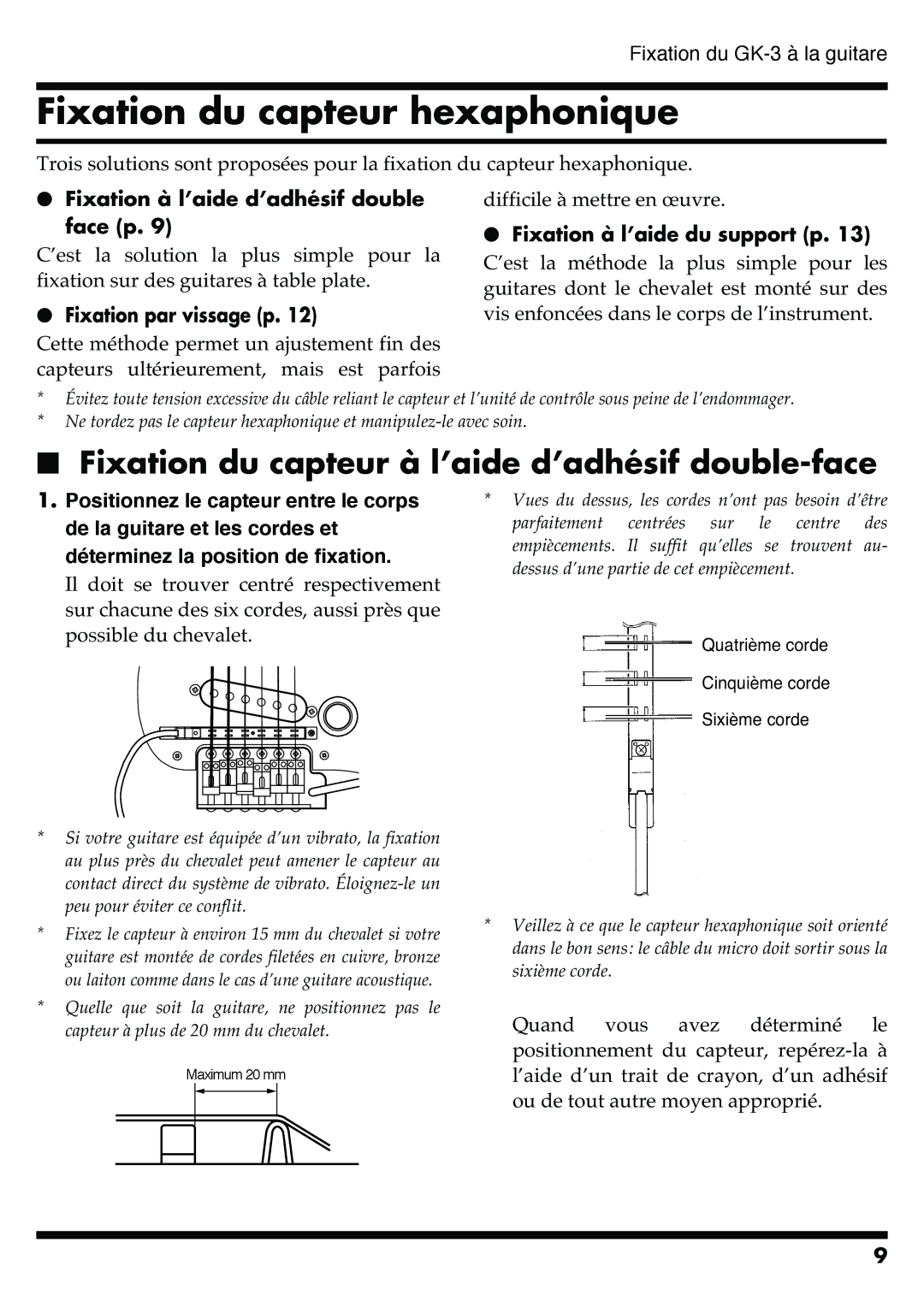 Roland GR-20 manual Fixation du capteur hexaphonique 