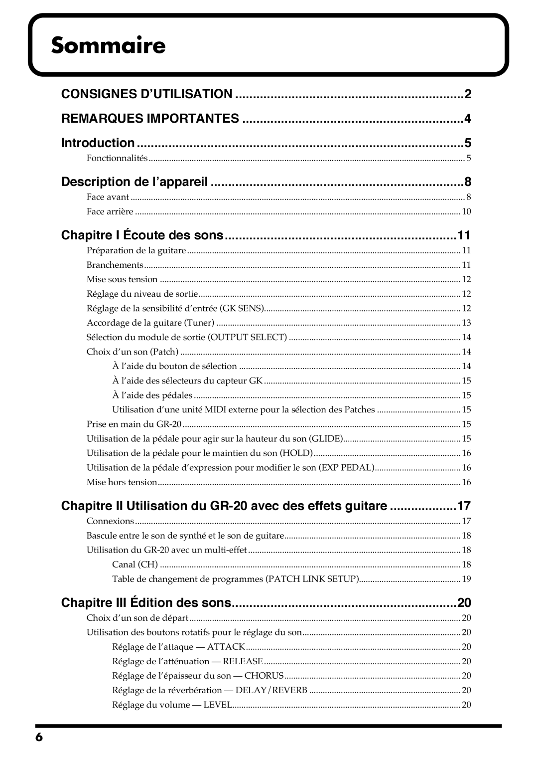 Roland GR-20 manual Sommaire 