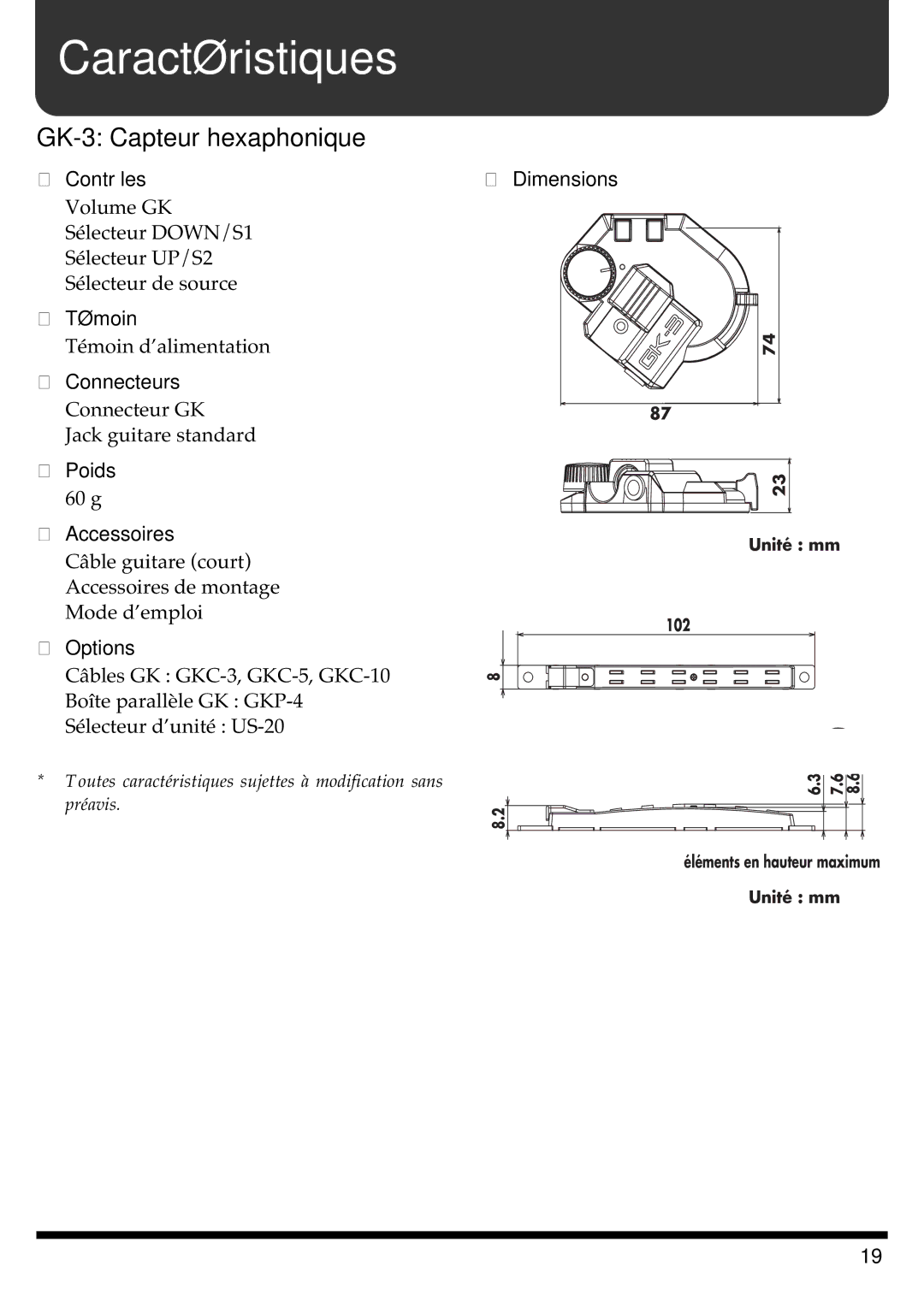 Roland GR-20 manual Caractéristiques 