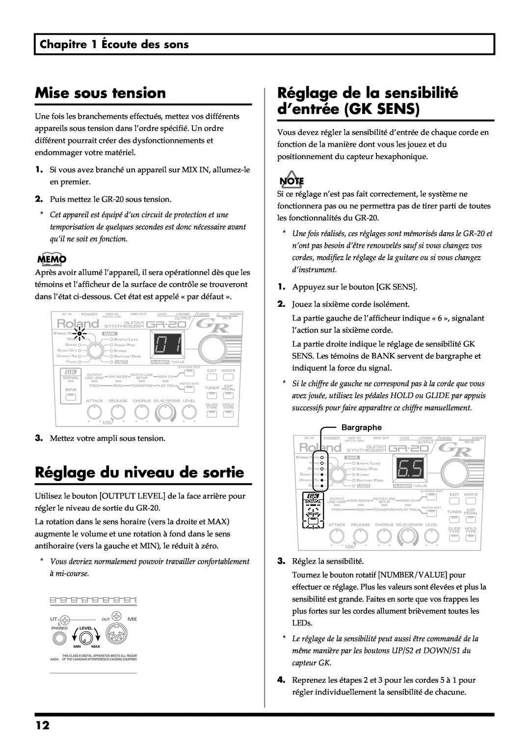 Roland GR-20 manual Mise sous tension, Réglage du niveau de sortie, Réglage de la sensibilité d’entrée GK SENS 