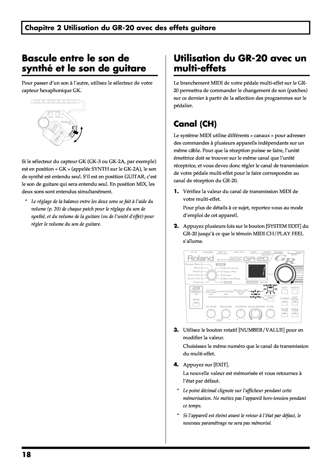 Roland manual Utilisation du GR-20avec un multi-effets, Canal CH 