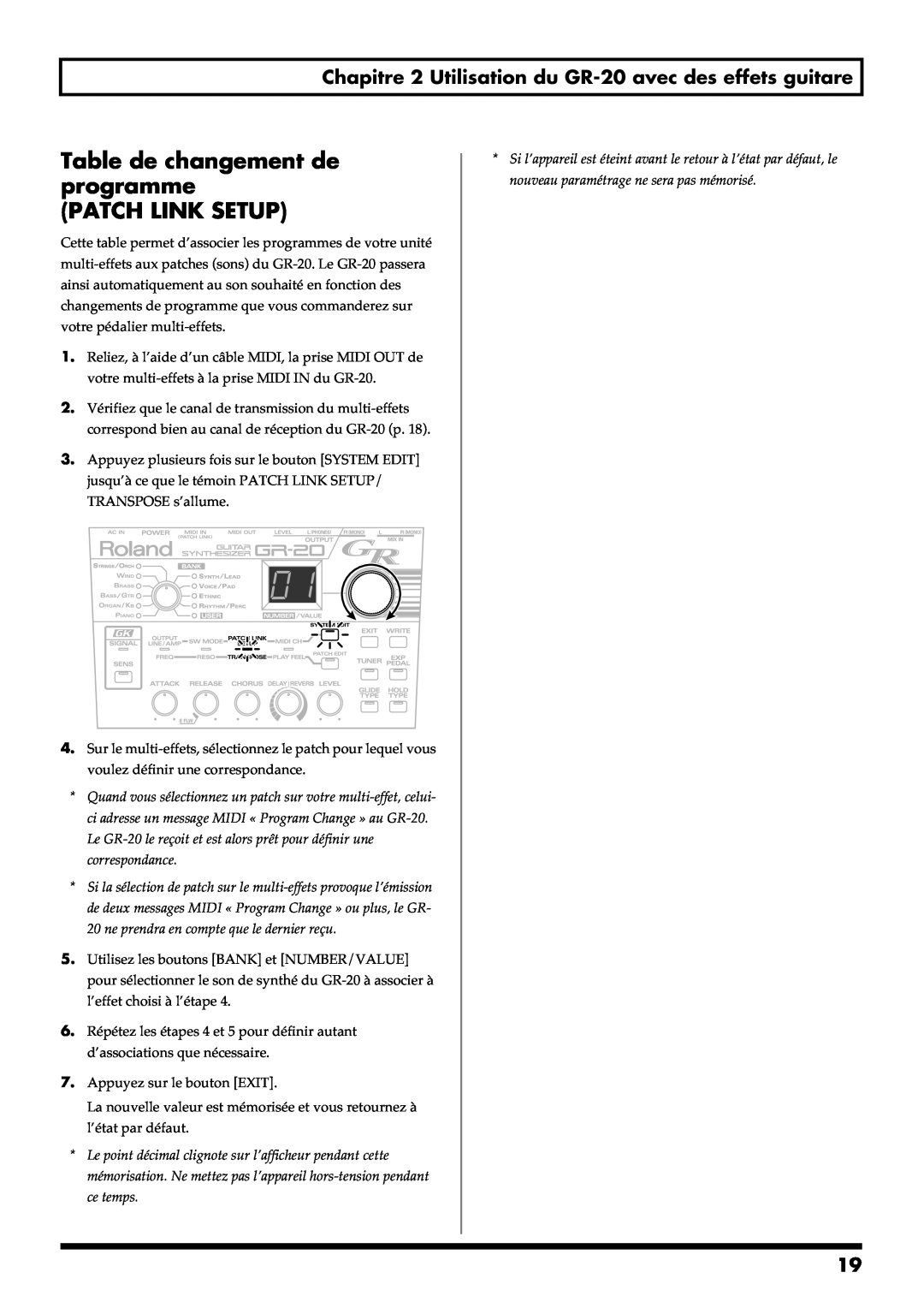 Roland GR-20 manual Table de changement de programme PATCH LINK SETUP 