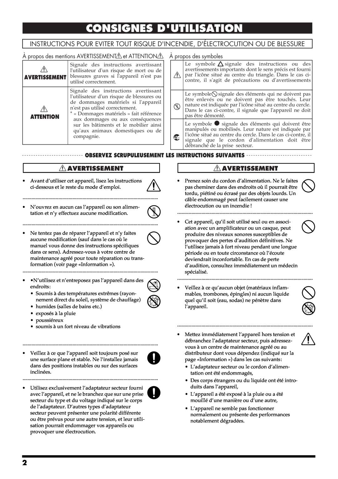 Roland GR-20 manual Consignes Dutilisation, À propos des symboles, Avertissement 