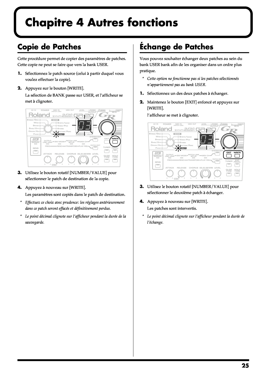 Roland GR-20 manual Chapitre 4 Autres fonctions, Copie de Patches, Échange de Patches 