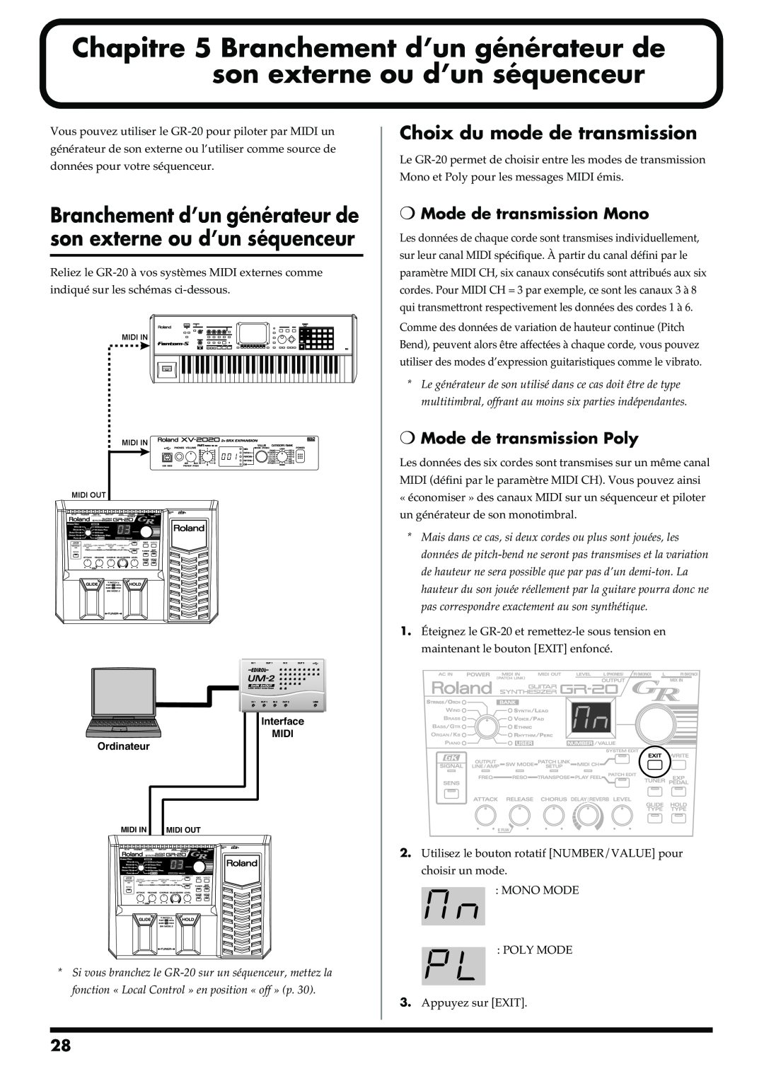 Roland GR-20 manual Choix du mode de transmission, Mode de transmission Mono, Mode de transmission Poly 
