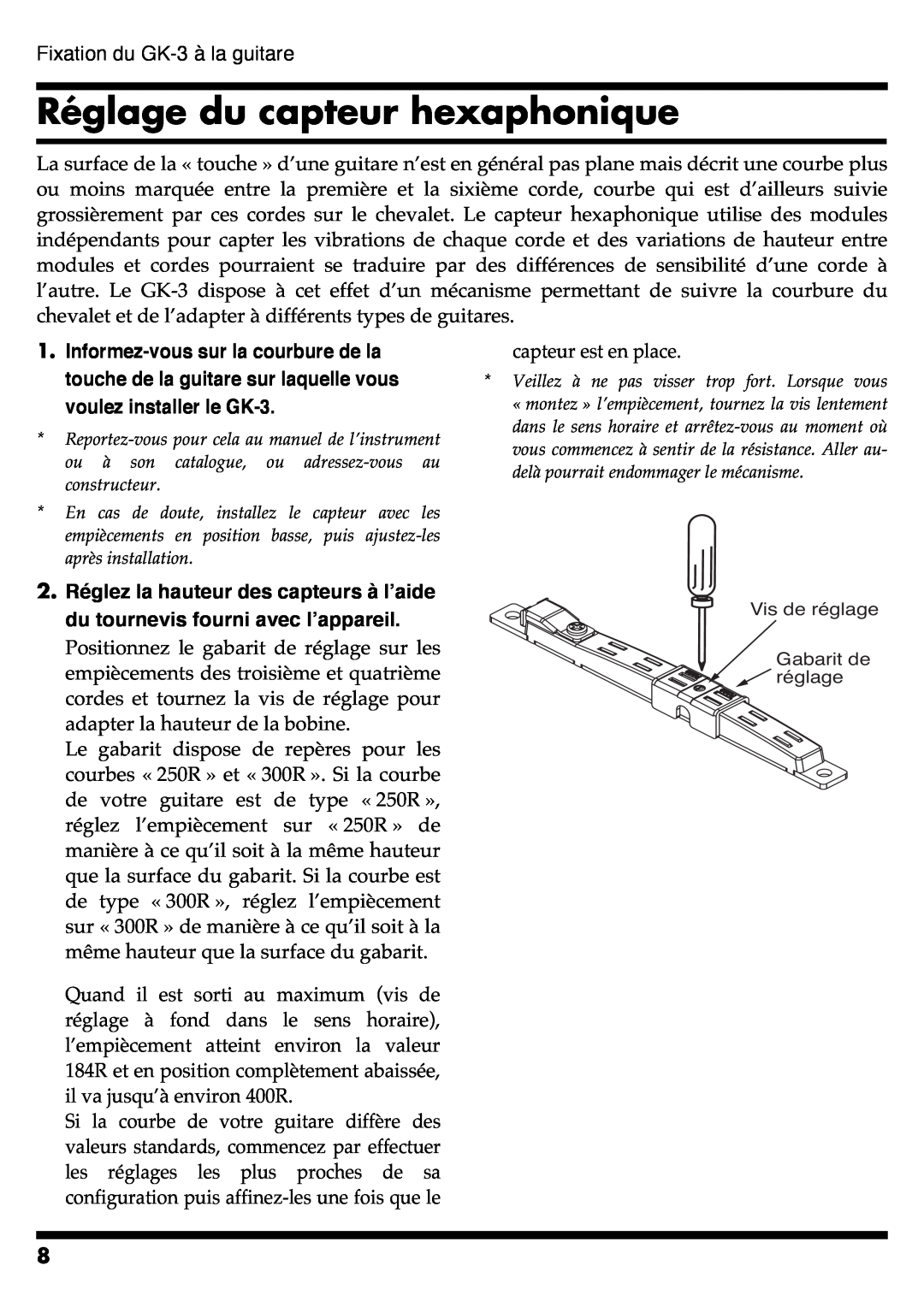 Roland GR-20 manual Réglage du capteur hexaphonique 