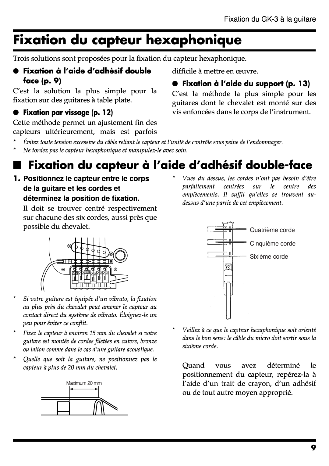 Roland GR-20 manual Fixation du capteur hexaphonique, Fixation à l’aide d’adhésif double face p, Fixation par vissage p 