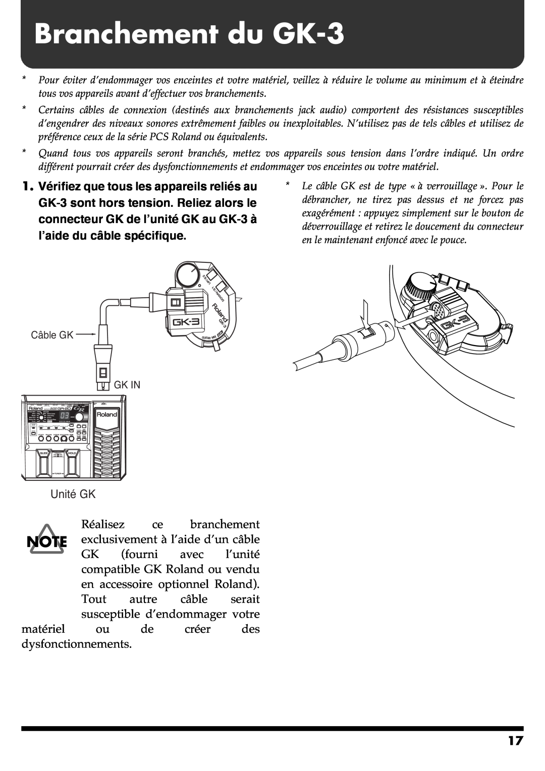 Roland GR-20 manual Branchement du GK-3, l’aide du câble spécifique, Unité GK 