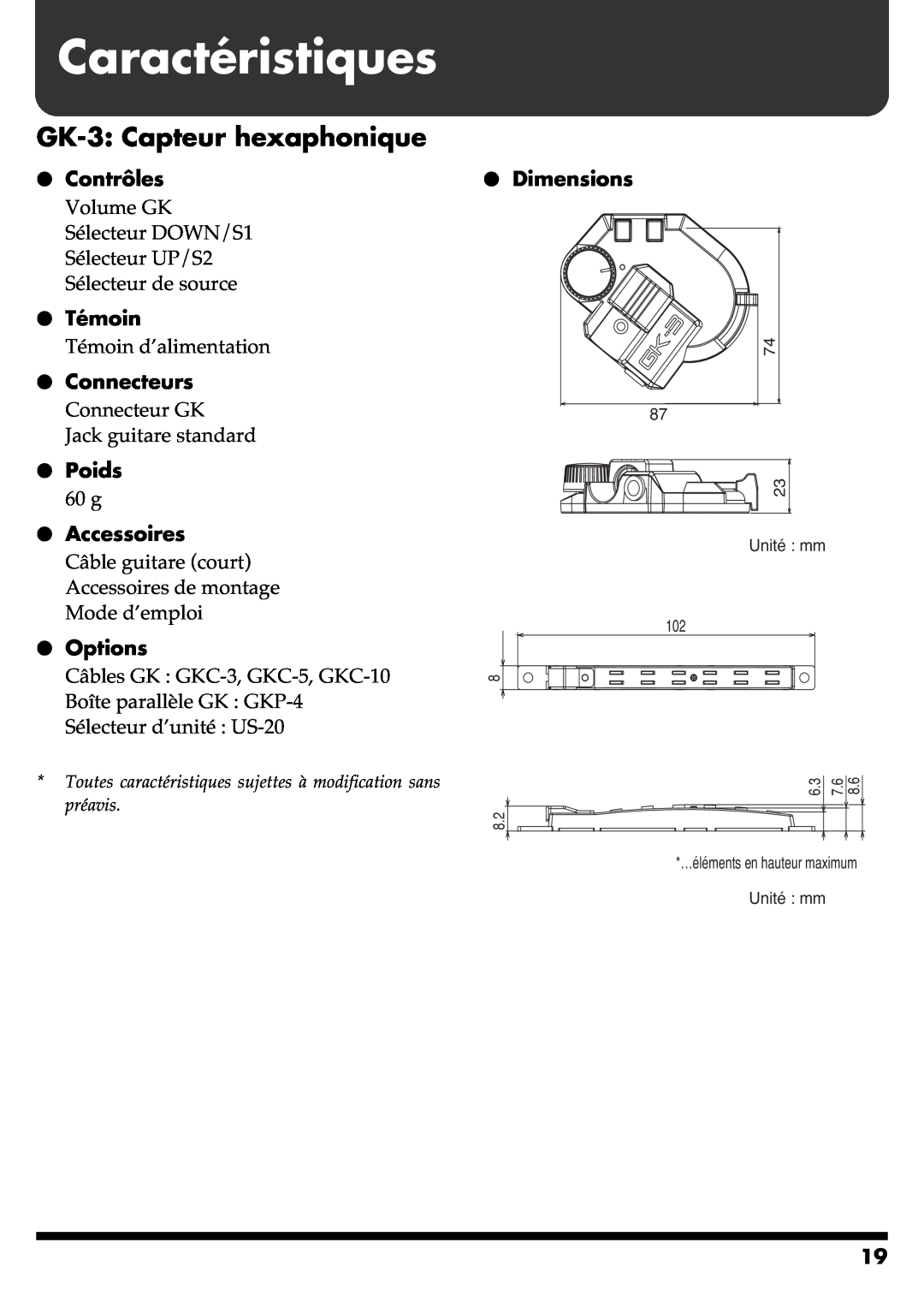 Roland GR-20 Caractéristiques, GK-3 Capteur hexaphonique, Contrôles, Témoin, Connecteurs, Poids, Accessoires, Options 