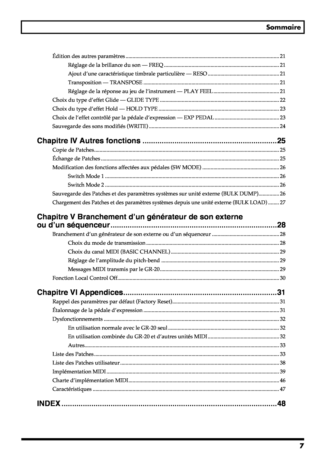 Roland GR-20 manual Chapitre IV Autres fonctions, ou d’un séquenceur, Chapitre VI Appendices, Index, Sommaire 