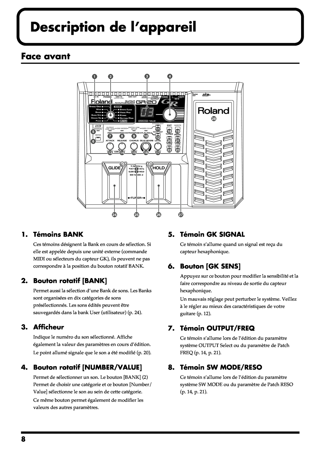 Roland GR-20 manual Description de l’appareil, Face avant 