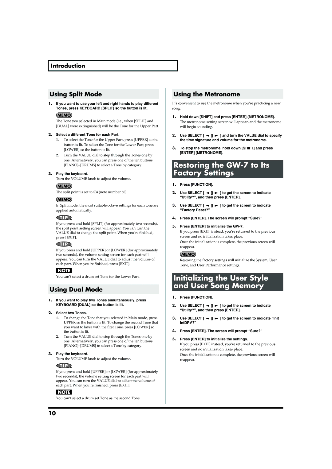 Roland Restoring the GW-7 to Its Factory Settings, Initializing the User Style and User Song Memory, Using Split Mode 