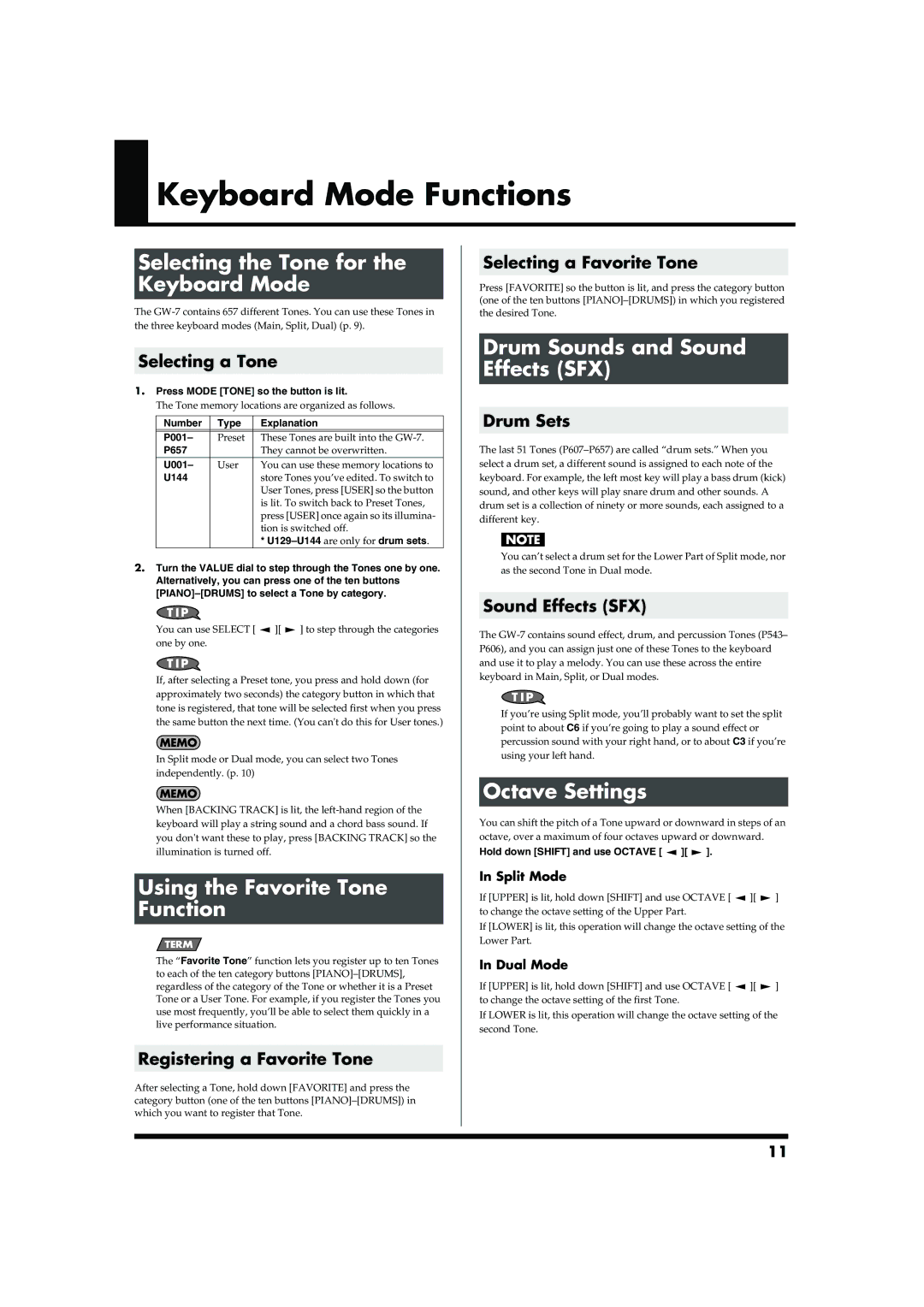 Roland GW-7 Keyboard Mode Functions, Selecting the Tone for the Keyboard Mode, Using the Favorite Tone Function 