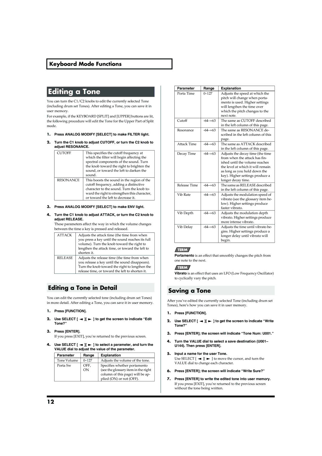 Roland GW-7 owner manual Editing a Tone in Detail, Saving a Tone, Parameter Range Explanation 