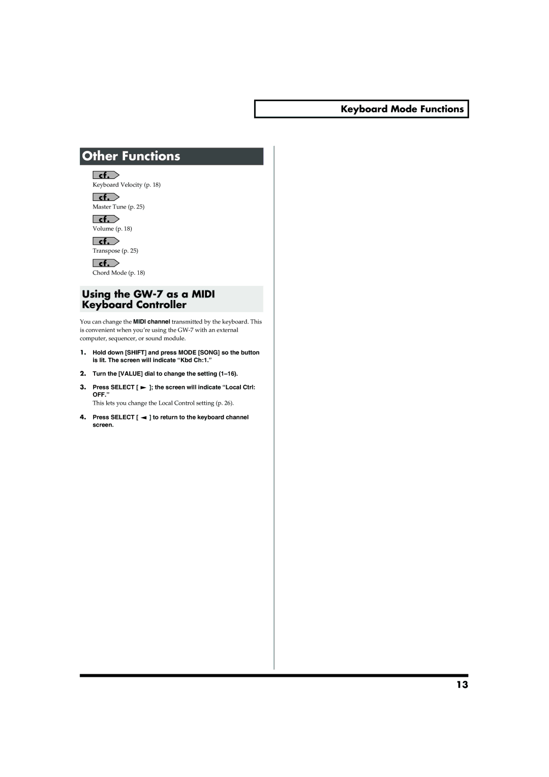 Roland owner manual Other Functions, Using the GW-7 as a Midi Keyboard Controller 