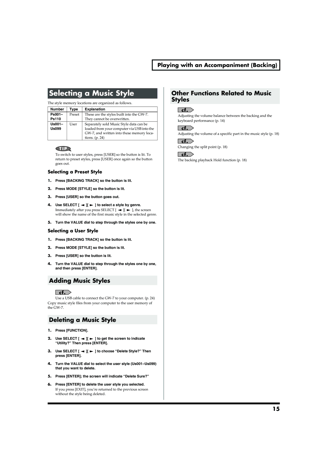 Roland GW-7 Selecting a Music Style, Adding Music Styles, Deleting a Music Style, Other Functions Related to Music Styles 