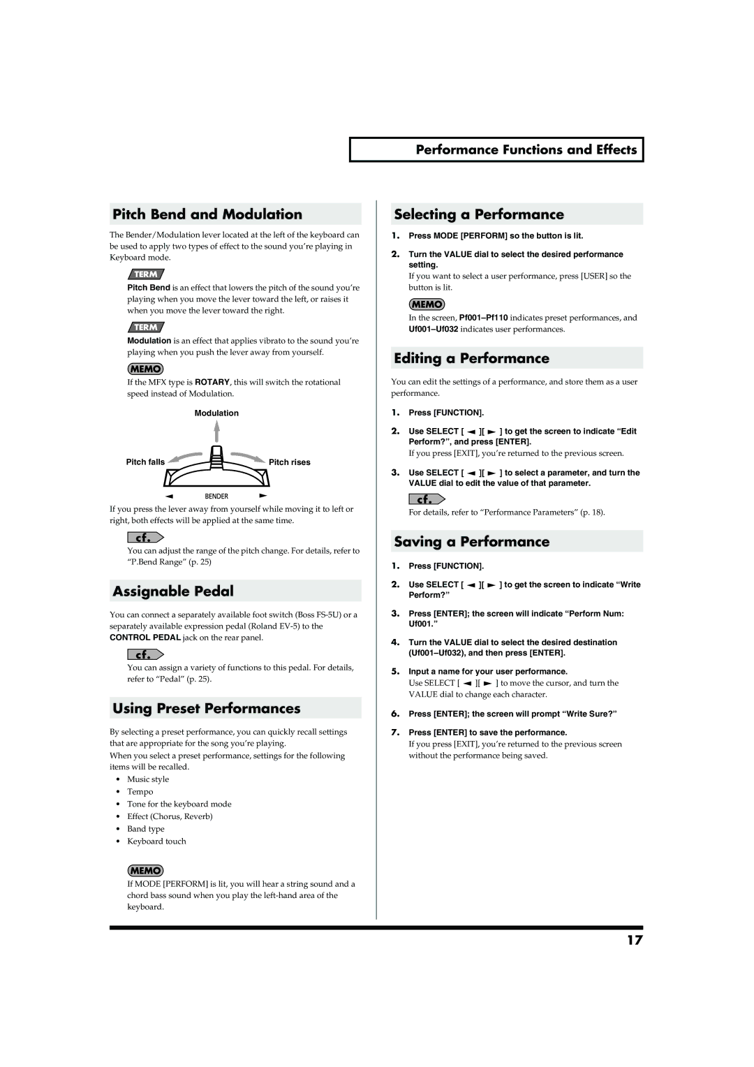 Roland GW-7 owner manual Pitch Bend and Modulation, Assignable Pedal, Using Preset Performances, Selecting a Performance 