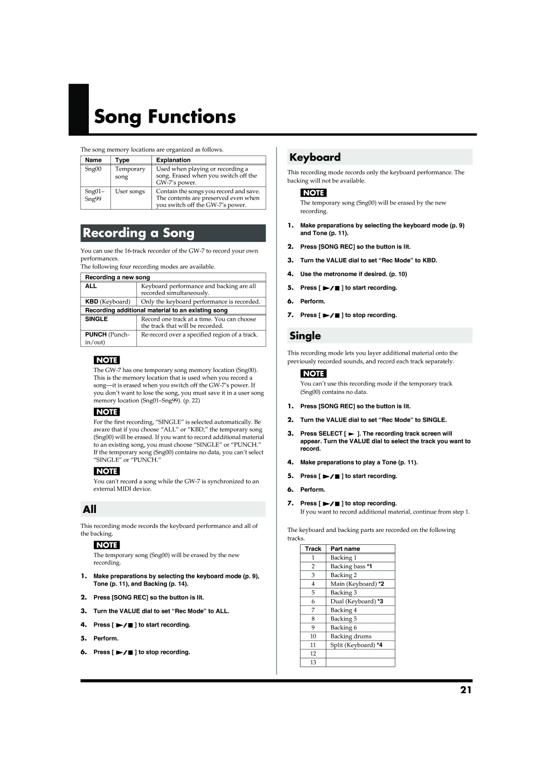 Roland GW-7 owner manual Song Functions, Recording a Song, All, Keyboard, Single 