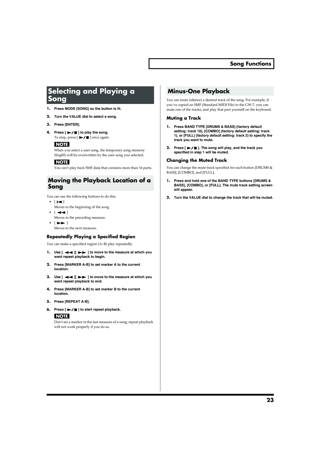 Roland GW-7 owner manual Selecting and Playing a Song, Moving the Playback Location of a Song, Minus-One Playback 