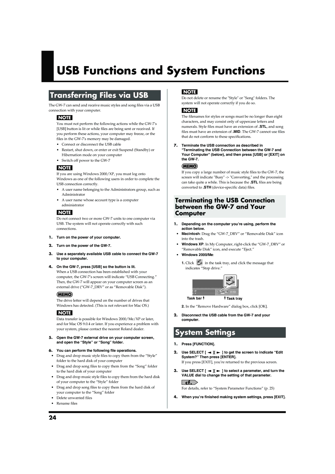 Roland GW-7 owner manual USB Functions and System Functions, Transferring Files via USB, System Settings 