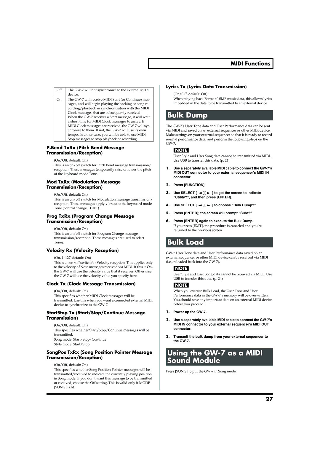 Roland owner manual Bulk Dump, Bulk Load, Using the GW-7 as a Midi Sound Module 