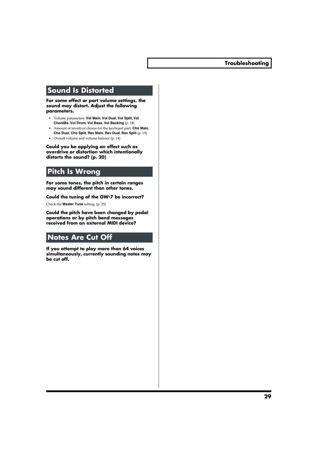 Roland GW-7 owner manual Sound Is Distorted, Pitch Is Wrong, Cho Dual, Cho Split, Rev Main, Rev Dual, Rev Split p 