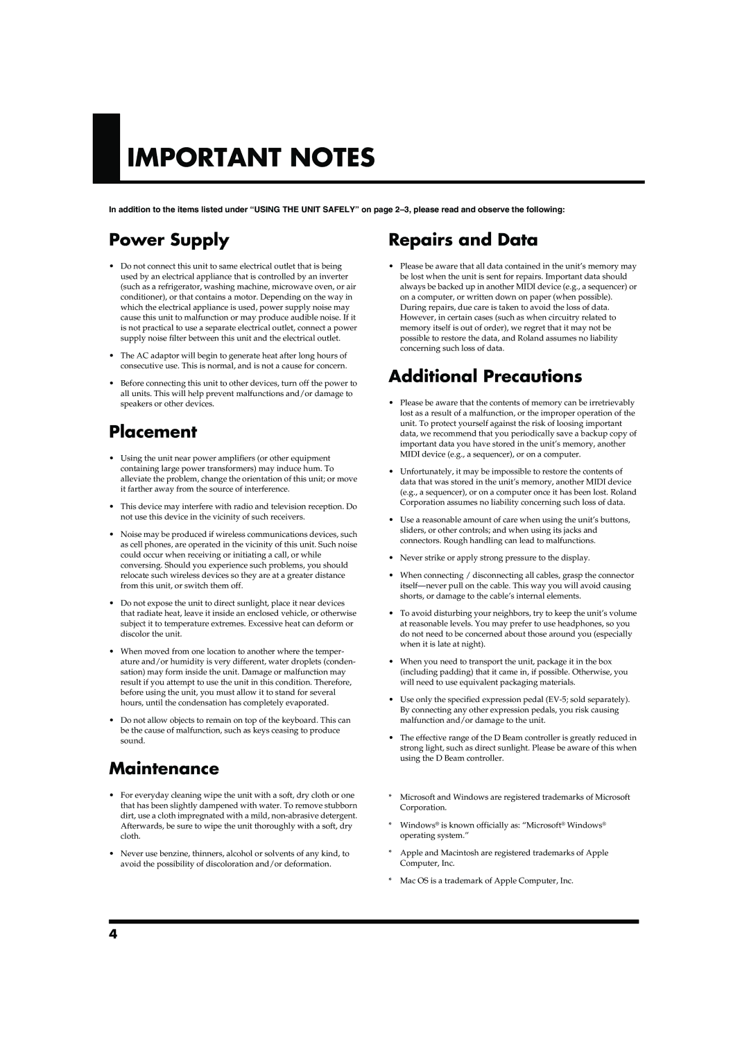 Roland GW-7 owner manual Important Notes 