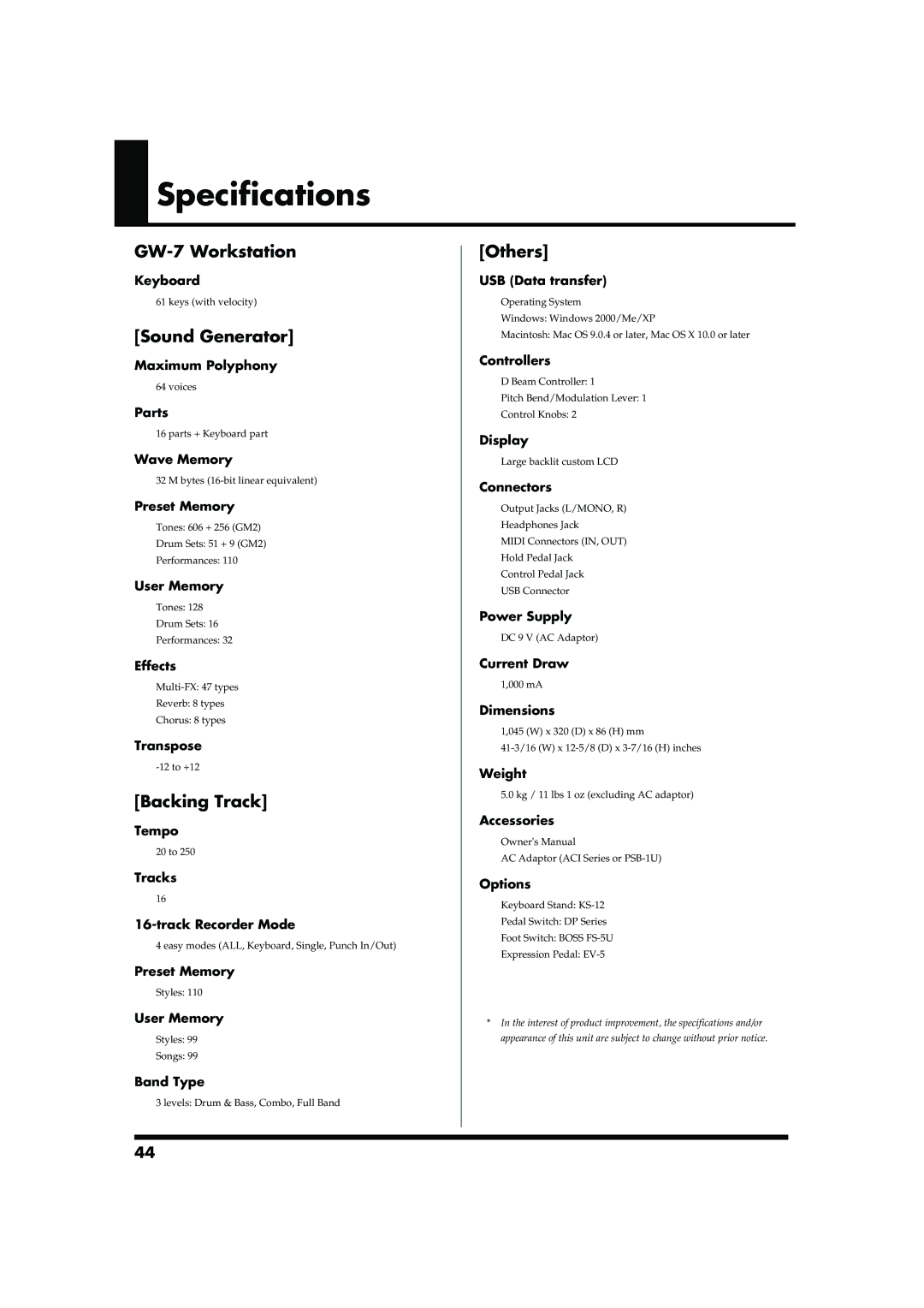 Roland owner manual Specifications, GW-7 Workstation, Sound Generator, Backing Track, Others 