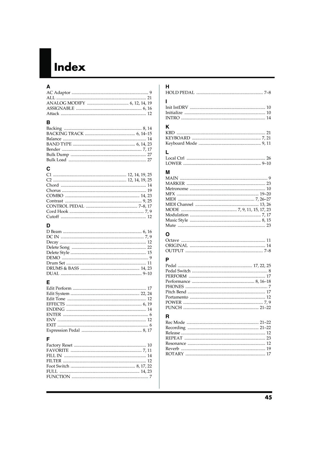 Roland GW-7 owner manual Index, Control Pedal 