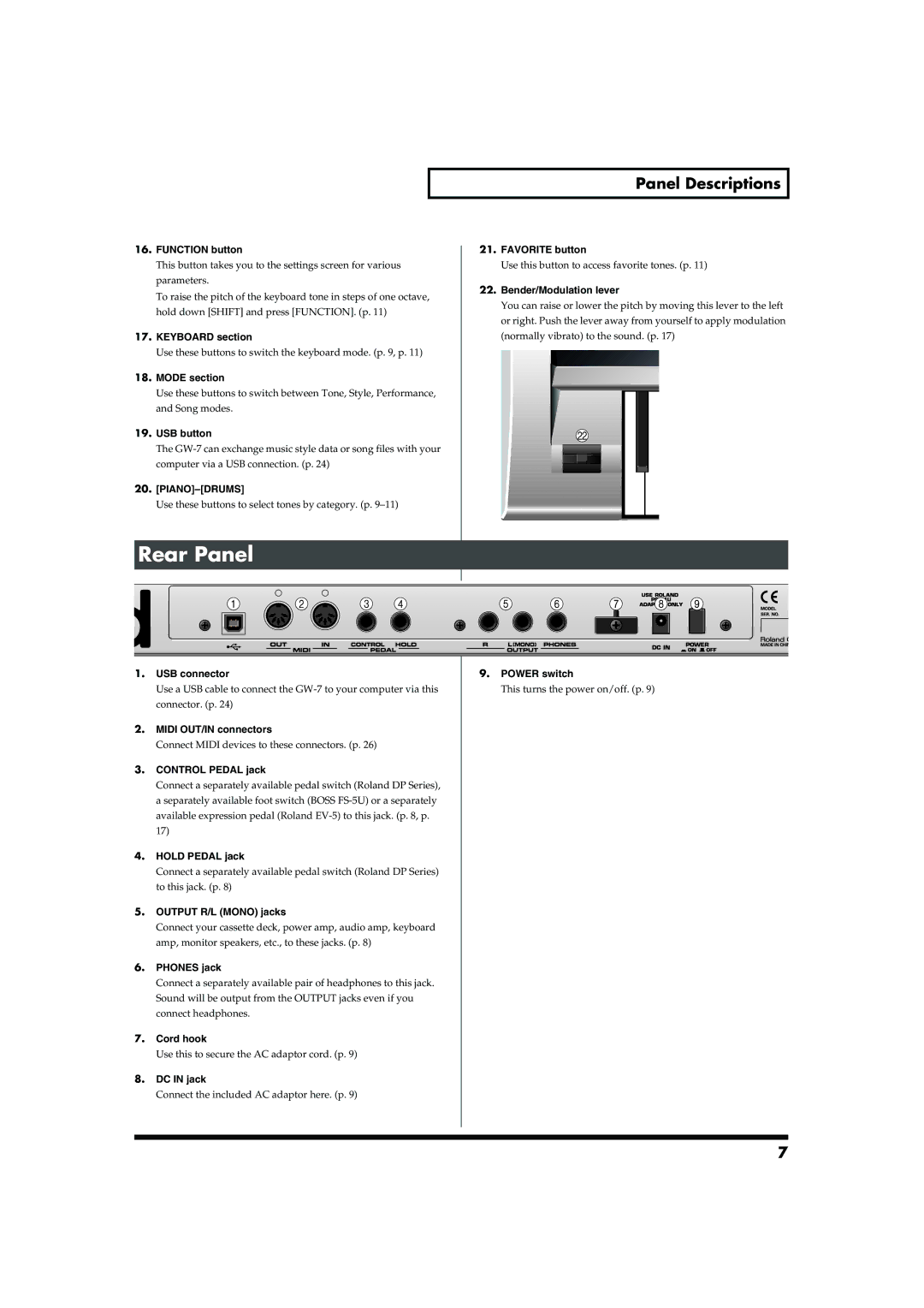 Roland GW-7 owner manual Rear Panel 