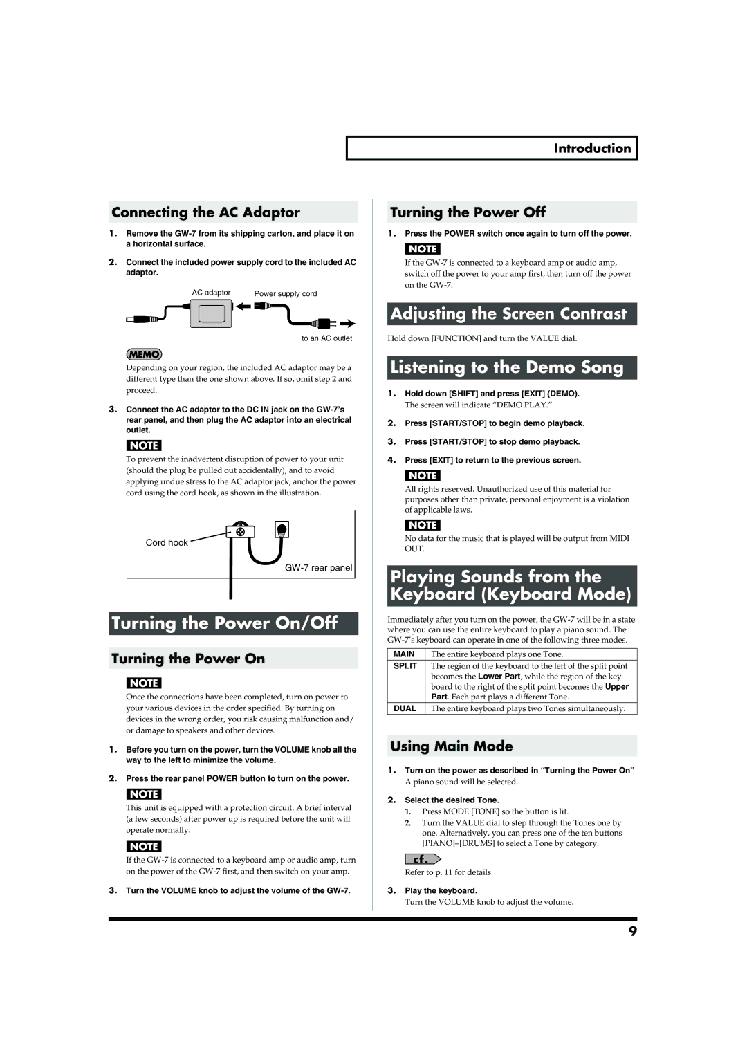Roland GW-7 Turning the Power On/Off, Listening to the Demo Song, Playing Sounds from the Keyboard Keyboard Mode 
