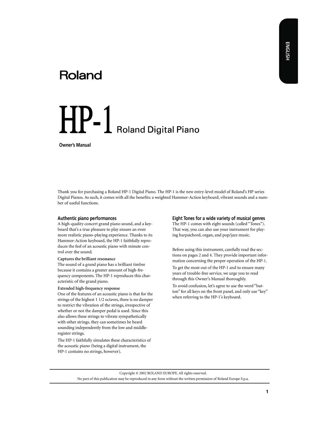 Roland HP-1 owner manual Authentic piano performances, Eight Tones for a wide variety of musical genres 