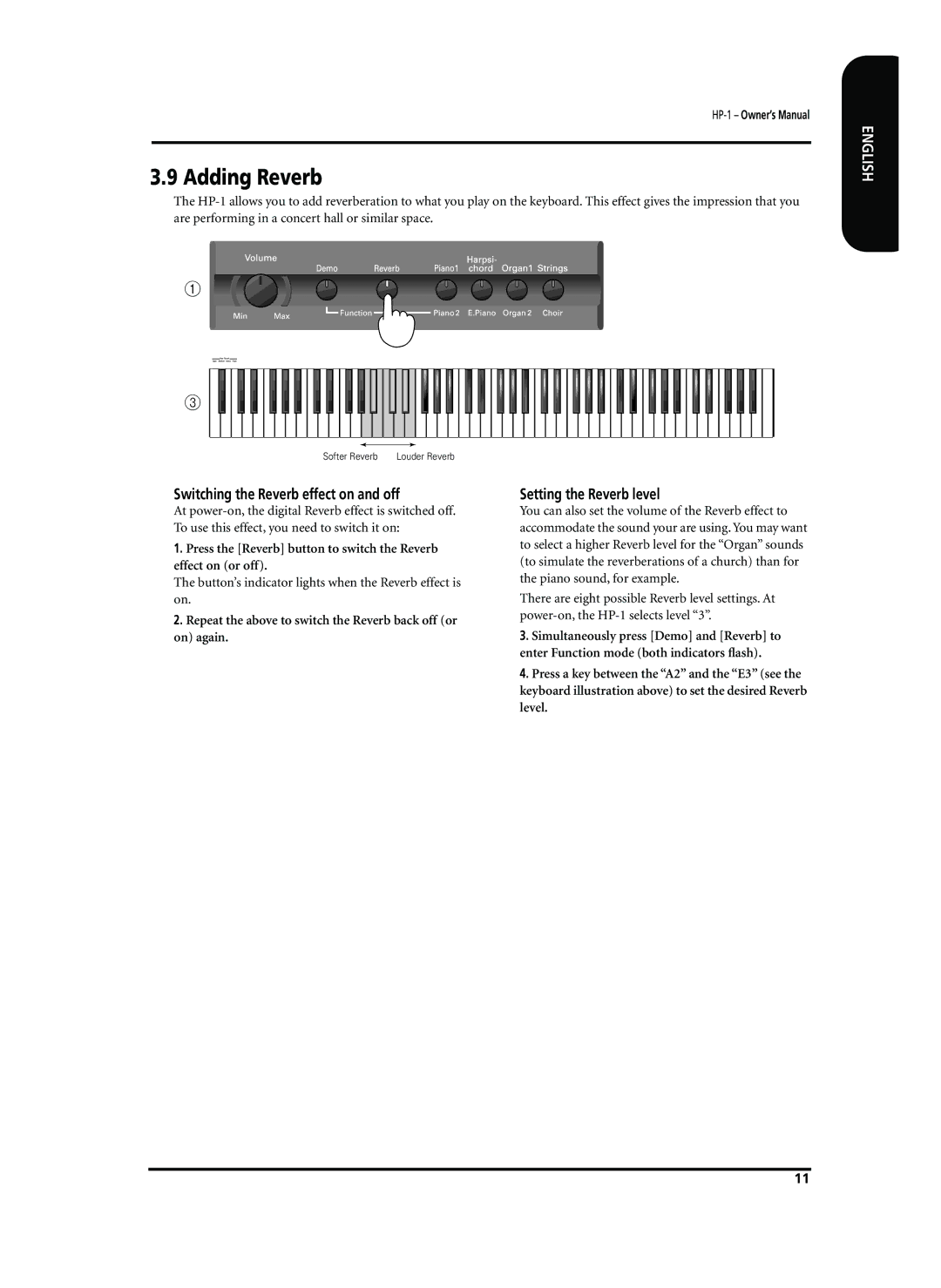 Roland HP-1 owner manual Adding Reverb, Switching the Reverb effect on and off, Setting the Reverb level 