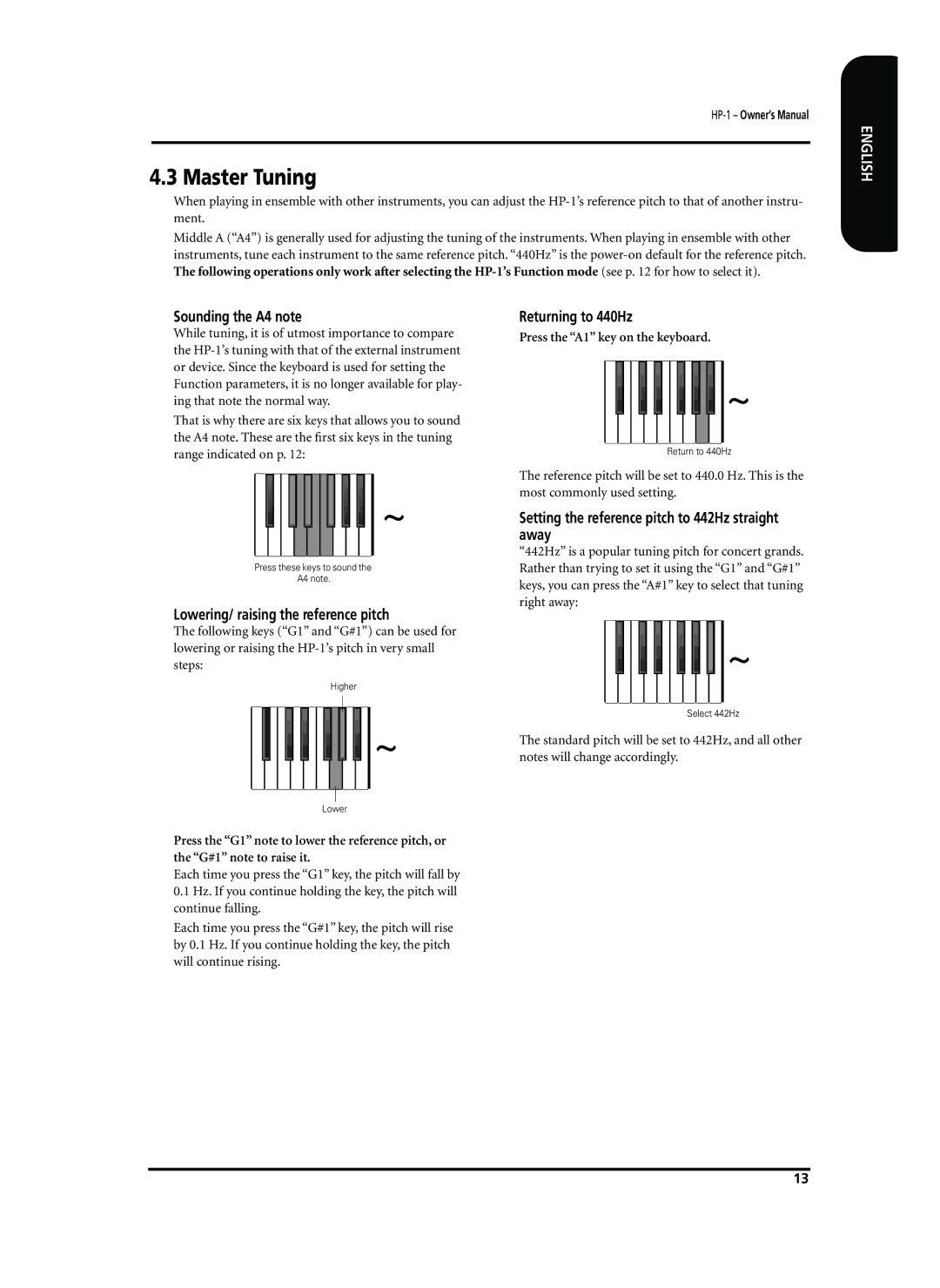 Roland HP-1 owner manual Master Tuning, Sounding the A4 note, Lowering/ raising the reference pitch, Returning to 440Hz 