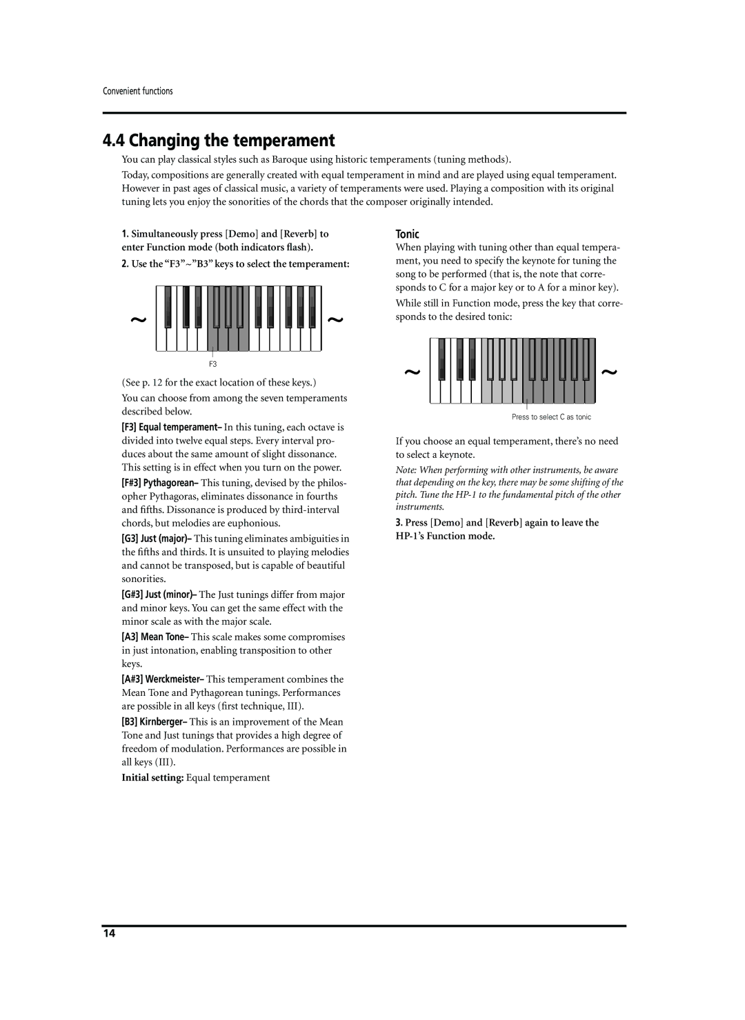 Roland HP-1 owner manual Changing the temperament, Tonic, Initial setting Equal temperament 