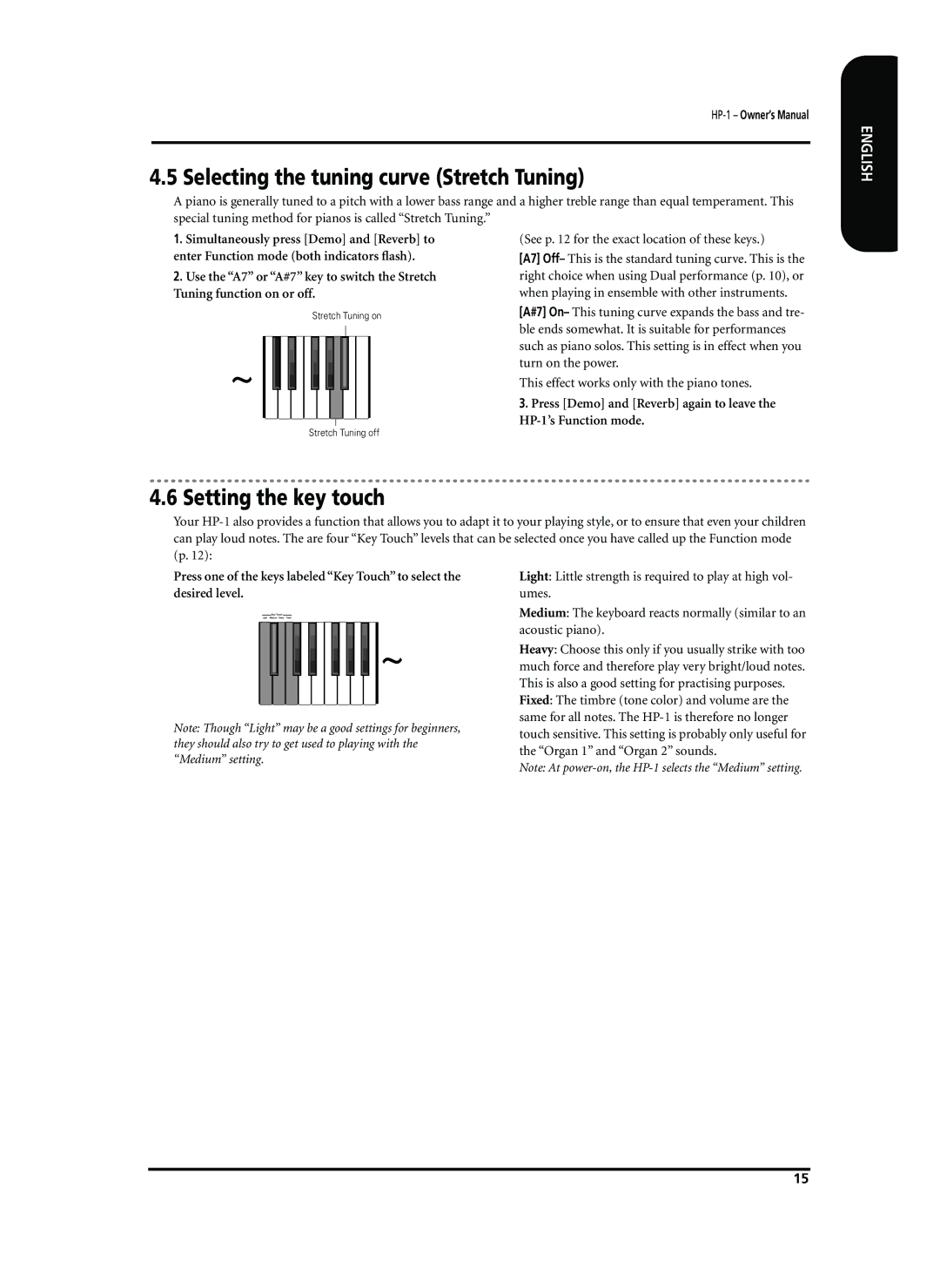 Roland HP-1 owner manual Selecting the tuning curve Stretch Tuning, Setting the key touch 