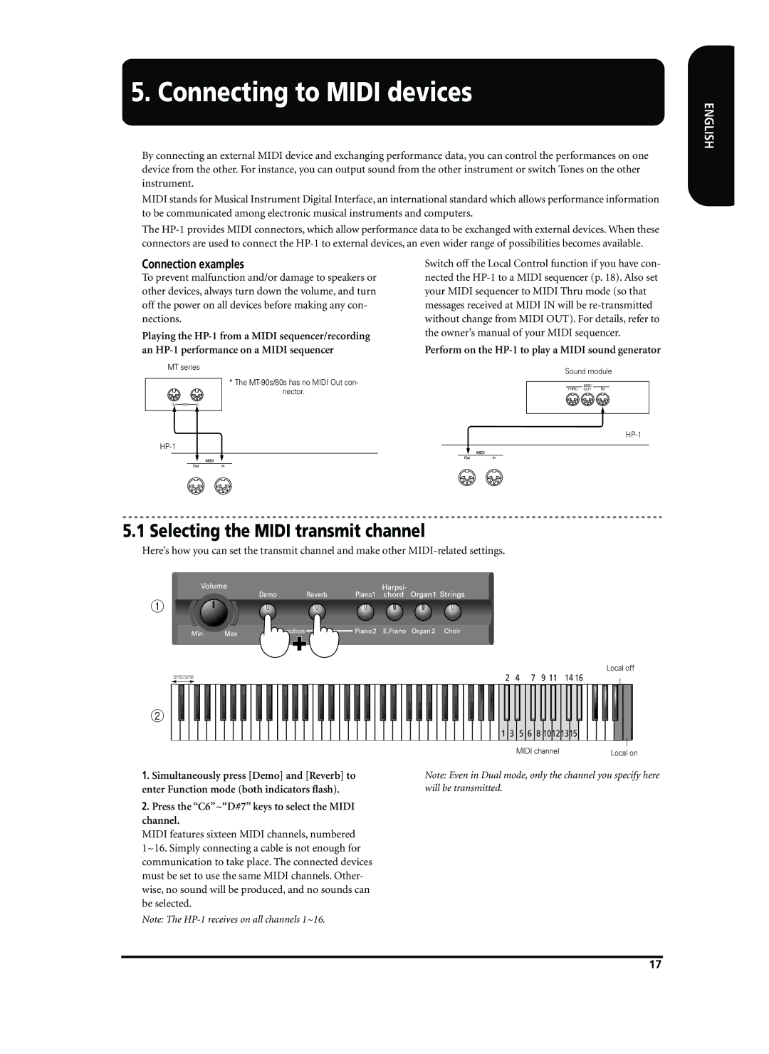 Roland HP-1 owner manual Connecting to Midi devices, Selecting the Midi transmit channel, Connection examples 