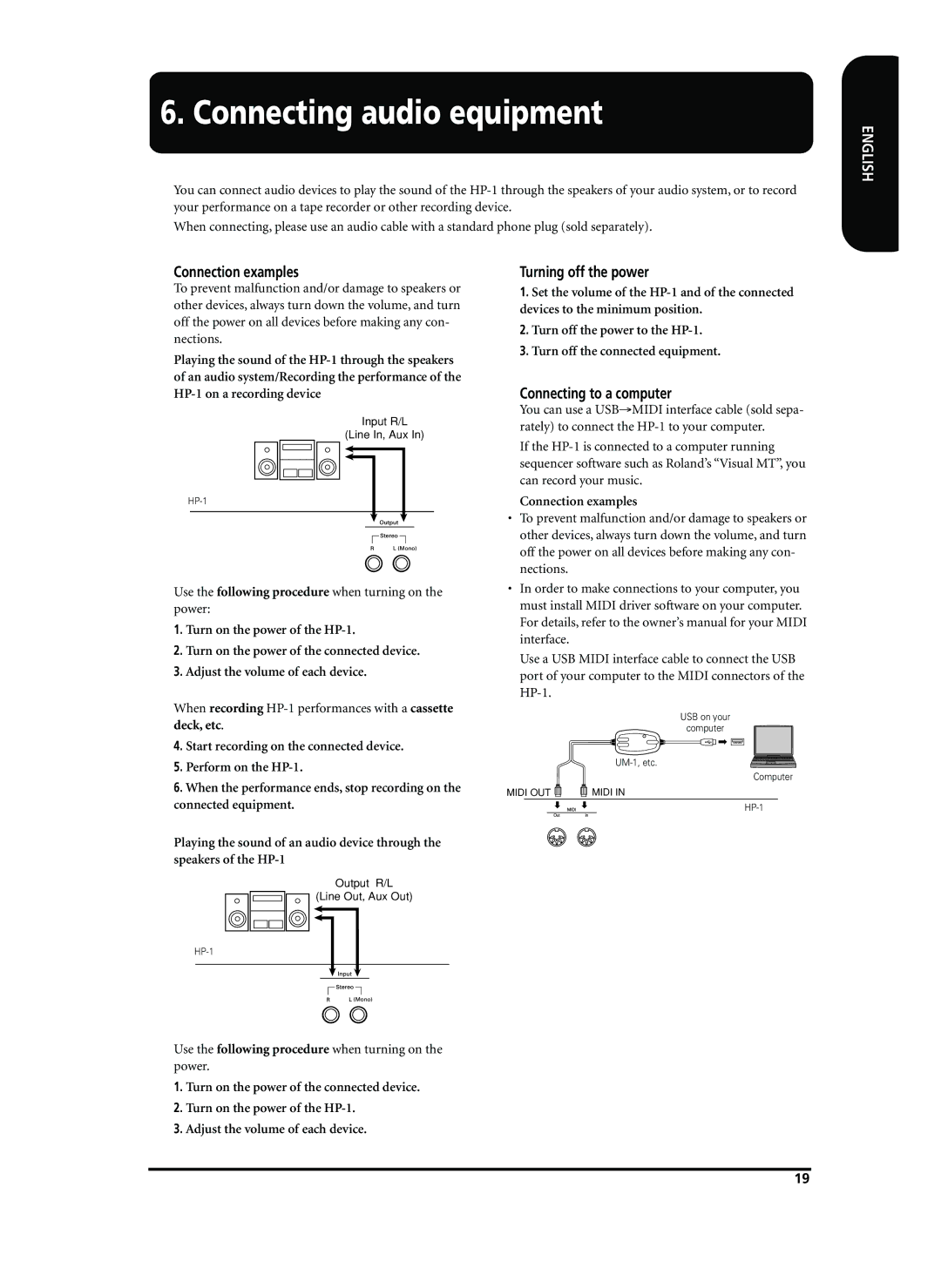 Roland HP-1 owner manual Connecting audio equipment, Connecting to a computer, Connection examples 