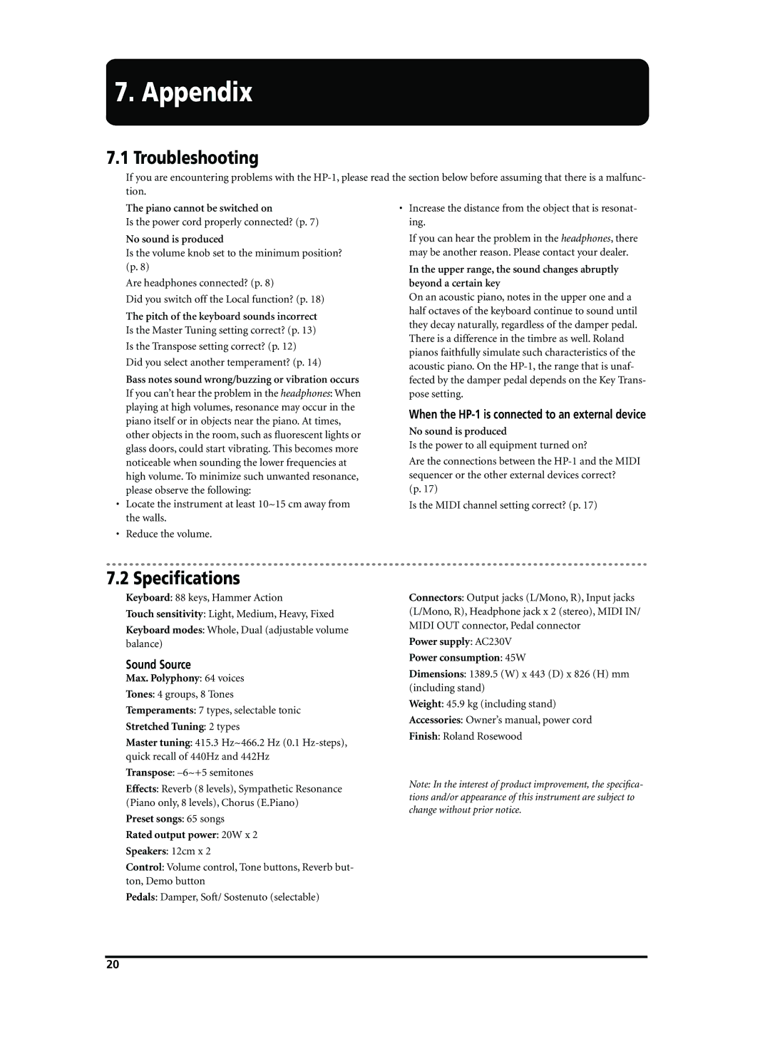 Roland Appendix7. Appendix, Troubleshooting, Speciﬁcations, When the HP-1 is connected to an external device 