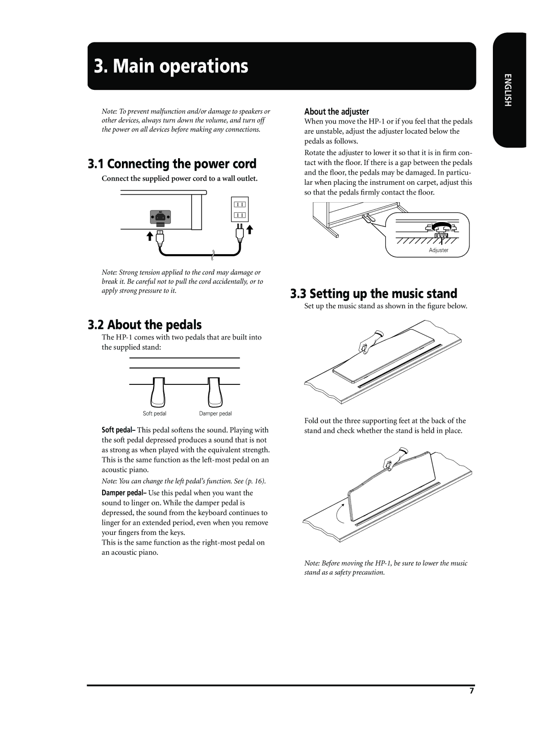 Roland HP-1 Main operations, Connecting the power cord, About the pedals, Setting up the music stand, About the adjuster 