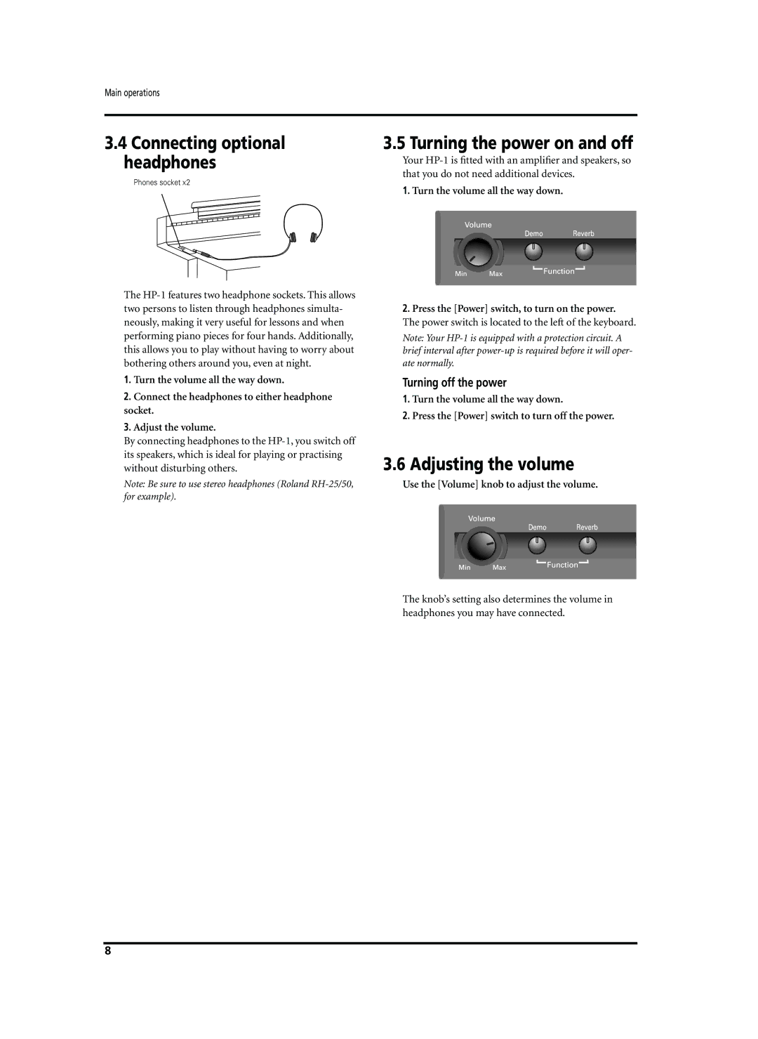 Roland HP-1 Turning the power on and off, Adjusting the volume, Turning off the power, Turn the volume all the way down 
