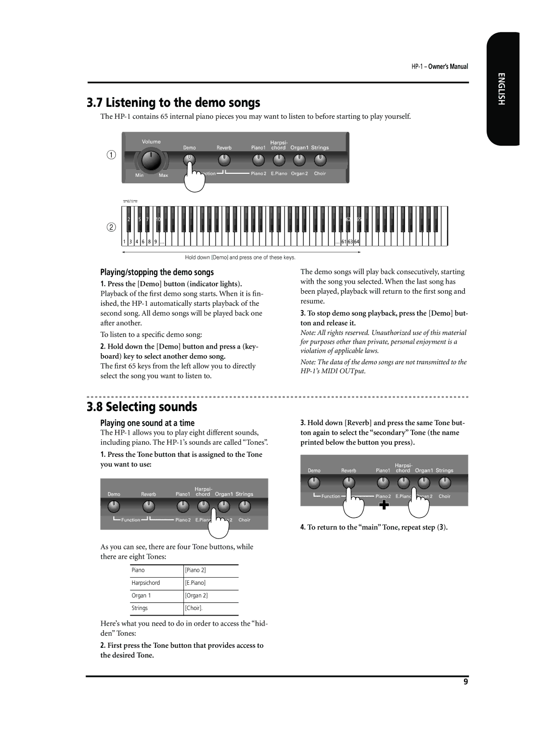 Roland HP-1 Listening to the demo songs, Selecting sounds, Playing/stopping the demo songs, Playing one sound at a time 