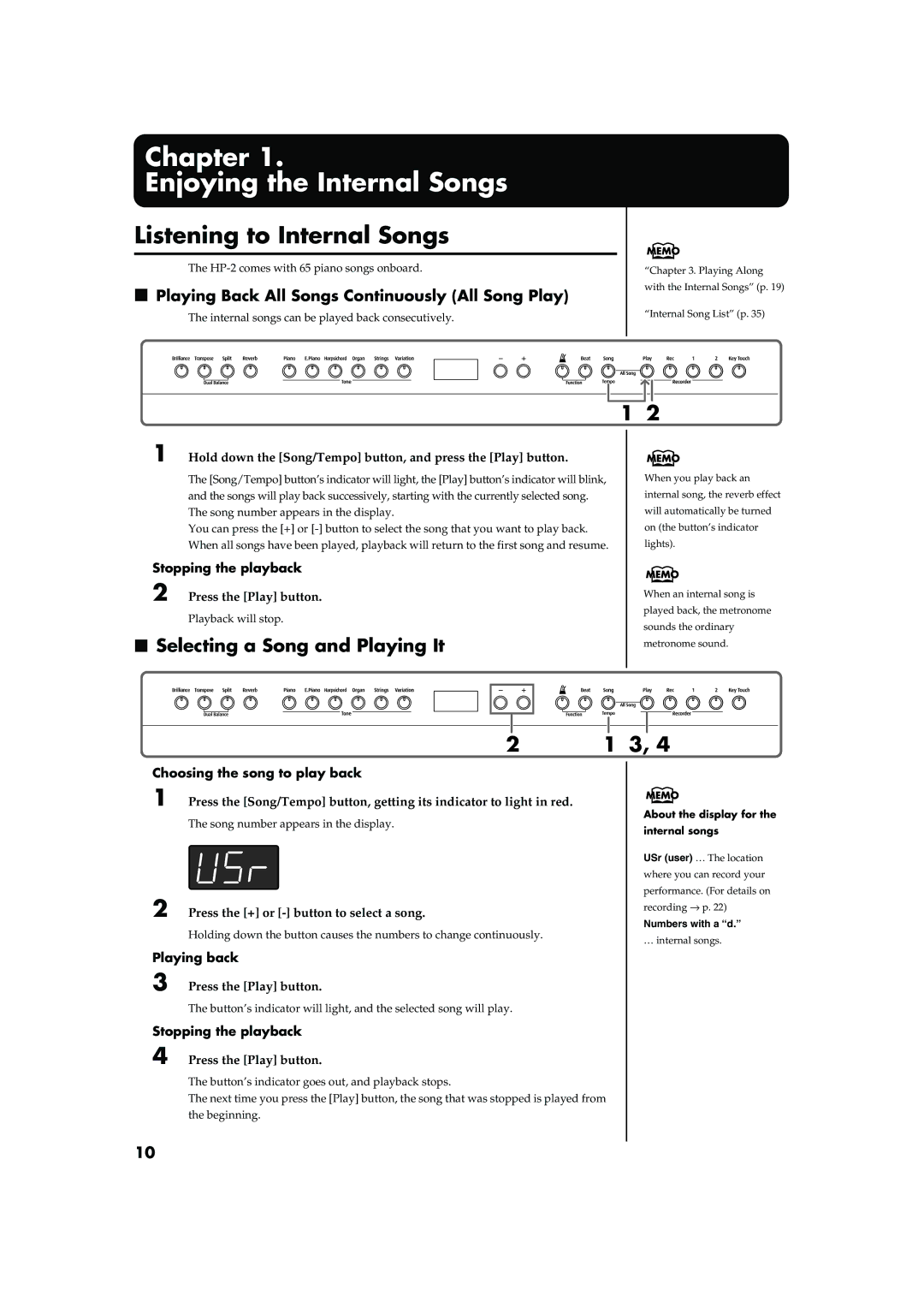 Roland HP-2 owner manual Listening to Internal Songs, Selecting a Song and Playing It, Stopping the playback, Playing back 