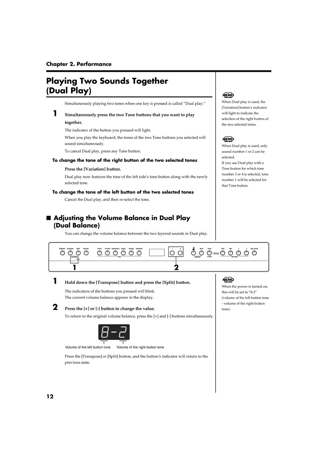 Roland HP-2 owner manual Playing Two Sounds Together Dual Play, Adjusting the Volume Balance in Dual Play Dual Balance 